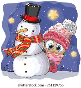 Snowman and Cute Cartoon Owl girl in a hat