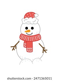 Snowman. Cute cartoon snowman with red hat and scarf. Cartoon, Isolated vector illustration eps 10