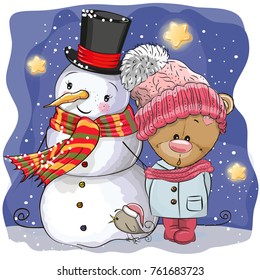 Snowman and Cute Cartoon Teddy Bear girl in a hat