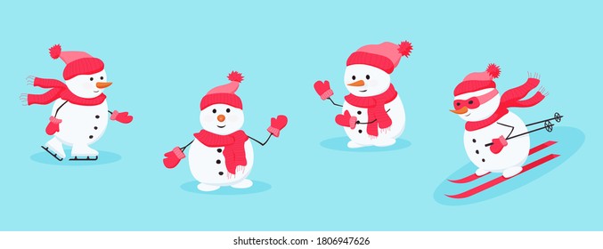 Snowman cute characters on blue isolated background. Snowman rejoices, having fun, greets and waves, ice skating, skiing. Snow man with red hat, red scarf and gloves. Vector illustration