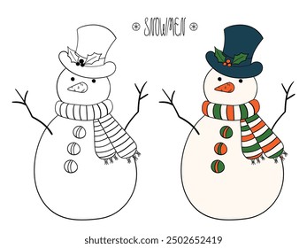 Snowman cute christmas character, vector illustration on christmas, religious theme, coloring book page for kids and coloring example, Merry Christmas.