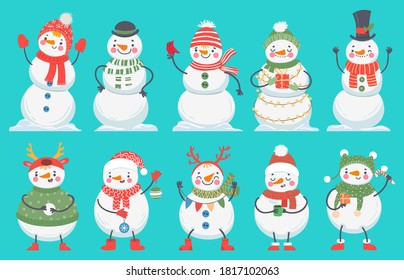 Snowman. Cute christmas snowmen in winter clothes, hats and scarf. Happy xmas vector cartoon characters with gift boxes, new year decoration as balls, colorful flags, coffee cup and candy cane