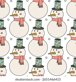 Snowman in cute cylinder hat with carrot nose and red scarf pattern. Christmas seamless design on isolated background for wrapping paper, textile, wallpaper and scrapbooking. 
