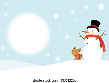 Snowman And Cute Dog - Winter Background