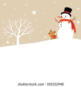 Snowman and Cute Dog, Winter tree