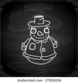 Snowman. Cute Hand Drawn Vector illustration, Vintage Blackboard Texture Background. Chalkboard illustration variant.