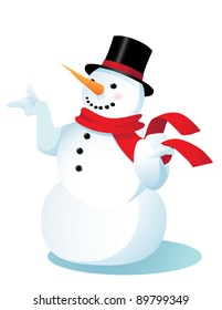 Snowman A cute snowman, isolated on white, points to your message. EPS 8 vector, grouped for easy editing,