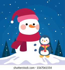 snowman and cute penguin with gift box over winter night background, colorful design , vector illustration