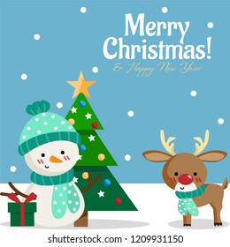 Snowman and cute reindeer wearing scarf with gift box and Christmas tree with snow falling with Merry Christmas & Happy New Year text on blue background. Cute winter holidays cartoon character. 