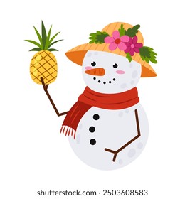 Snowman. Cute snowman with ripe pineapple and straw hat. Summer Christmas. Snowman on vacation. Flat style illustration on white background.