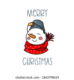 Snowman. Cute winter character in simple cartoon doodle style. Christmas symbol. Vector illustration.  Design for prints, cards, apparel etc. New year theme poster. 