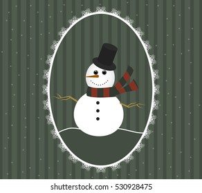 snowman in a cylindrical hat and a scarf in openwork frame. Christmas background