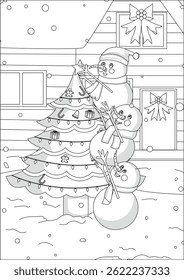 Snowman Decor Christmas Tree Coloring Page Line Art