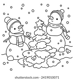 Hombre de nieve decoró el árbol de Navidad. Escena de invierno. Ilustración vectorial de contorno en blanco y negro. Página de colorear para niños.