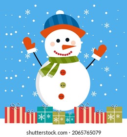 Snowman decorated with gift box, isolated against snowfall background. New Year and Merry Christmas greeting cards, posters, icons. Vector illustration in cartoon style