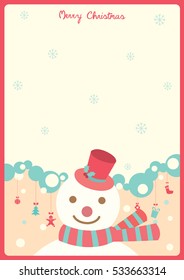 Snowman decorated with ornaments for Christmas card in vertical side red border.
