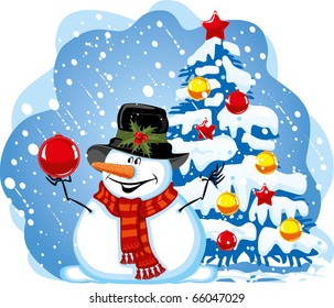 Snowman decorates a Christmas tree