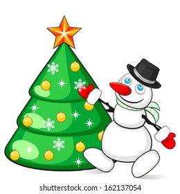 Snowman decorating Christmas tree