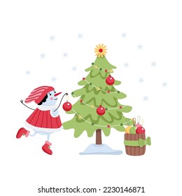 Snowman decorating Christmas tree. Flat vector illustration isolated on white. Great for New Year and Christmas greeting cards. Winter design. Green, red and yellow colors
