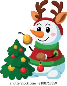Snowman decorating christmas tree. Funny cartoon character