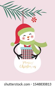 Snowman decoration under the pine needles. Christmas vector illustration. Christmas card design. Christmas pattern.