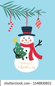 Snowman decoration under the pine needles. Christmas vector illustration. Christmas card design. Christmas pattern.