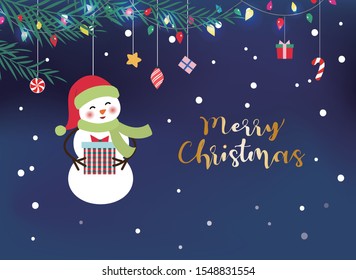 Snowman decoration under the pine needles. Dark blue Christmas. Background Christmas vector illustration. Christmas card design. Christmas pattern.