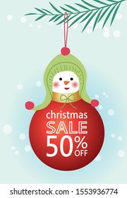 Snowman decoration.CHRISTMAS SALE 50% OFF. Christmas vector illustration design. Christmas discount poster. Christmas web advertising.