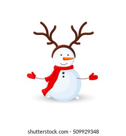 snowman with deer antlers on white background.