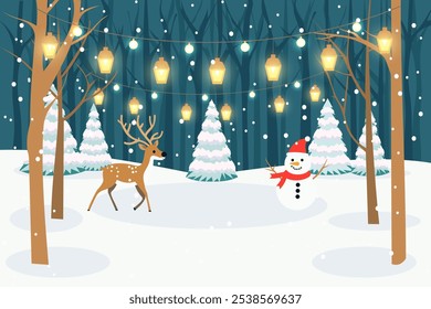 Snowman and deer in a beautiful Christmas forest with festive lanterns, snow-covered trees and fir trees in snowy weather. Christmas vector illustration with deer and snowman.