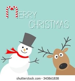 Snowman and deer. Blue background. Candy cane. Merry Christmas card. Flat design  Vector illustration