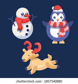 Snowman, deer and penguin on navy blue backdrop. Christmas holiday postcard for invitation or gift card, notebook, bath tile, scrapbook. Phone case or cloth print. Flat style stock vector illustration