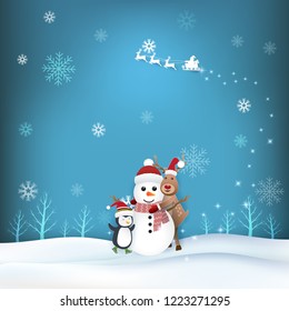 Snowman, Deer and penguin in winter season paper art, paper craft style illustration