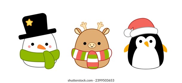 Snowman, deer in scarf, penguin in christmas hat. Squishmallow.  Pillow. Kawaii, cartoon. Isolated vector illustration eps 10