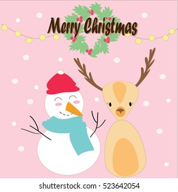 Snowman and deer vector christmas card with mistletoe and christmas tree