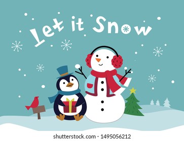 Snowman with deer in winter snow