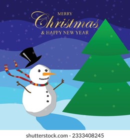 Snowman design on snowflake background. Merry christmas landscape, Happy New Year greeting card template.
Vector illustration