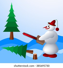 Snowman destroys trees.