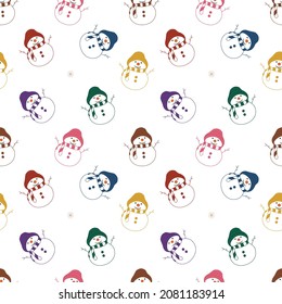 Snowman in different colors as seamless pattern on white background. Christmas holidays celebration. Vector illustration.