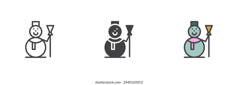 Snowman different style icon set. Line, glyph and filled outline colorful version, outline and filled vector sign. Symbol, logo illustration. Vector graphics
