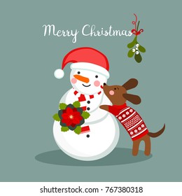 Snowman with a dog, Christmas greeting card, vector illustration