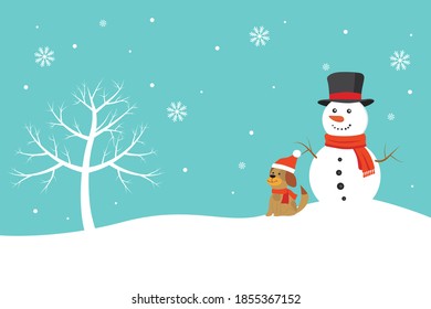 Snowman and dog enjoying outdoor on winter day and snow. Xmas and New Year concept. Copy space for text or design. Flat design vector illustration