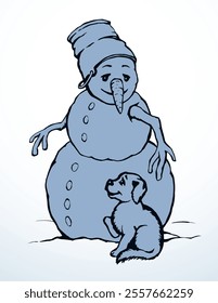 Snowman and dog. Vector drawing.