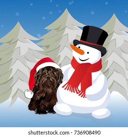 Snowman and dog in the winter wood. New Year's card. Vector illustration.