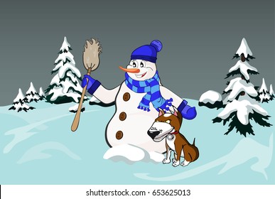snowman with a dog in the woods coming in the new year