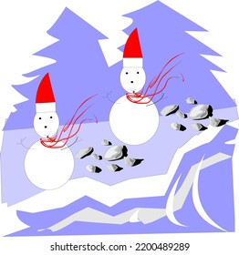 a snowman is a doll made of snow on christmas holidays wearing a red and white hat