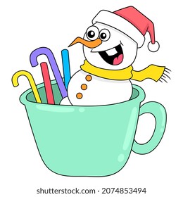 snowman doll relaxing inside a christmas party mug, vector illustration art. doodle icon image kawaii.