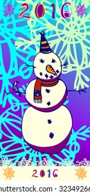 Snowman doodle logo new year card.