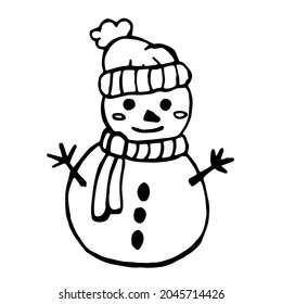Snowman doodle. Simple snowman with black outline. Winter vector illustration.
