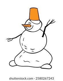 snowman in doodle style in orange bucket on his head. Flat vector character isolated white background for New Year card, print, brochures, poster design